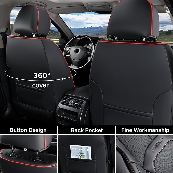 Coverado Car Seat Covers Front Seats, Waterproof Leather Seat Covers for Cars, Luxury Car Seat Covers with Lumbar Support, Car Seat Protector Driver Seat Covers Universal Fit Most Cars (Black&Red)