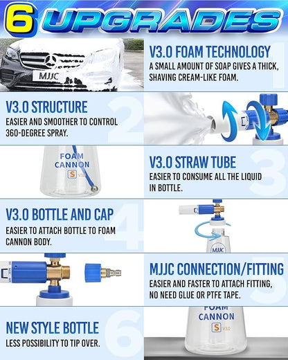 MJJC Foam Cannon S V3.0 (Thicker Snow Foam Technology) with 1/4 Inch Quick Connector for Pressure Washer & MJJC Foam Soap(20 fl oz) Kit