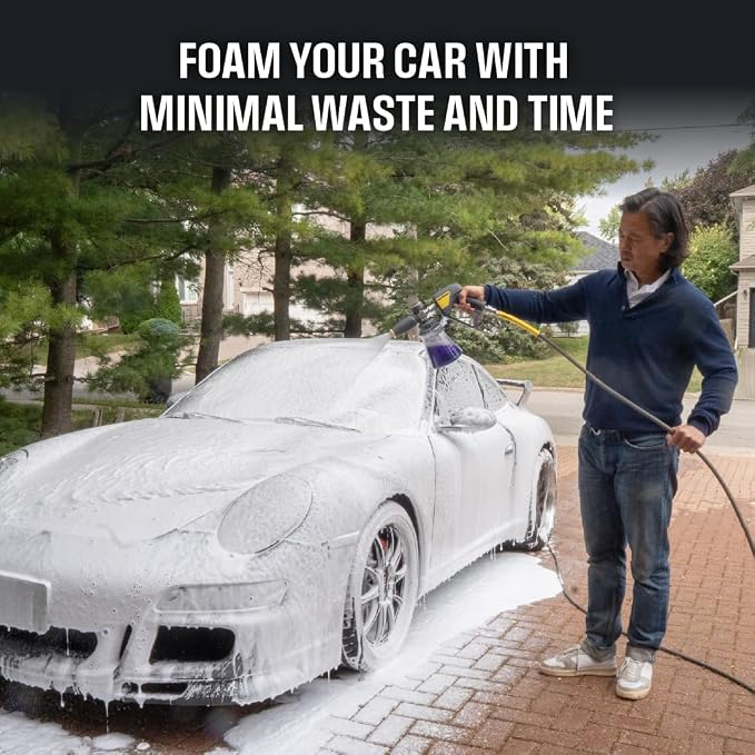 Active Foam Cannon with ¼ inch quick connector for Electric and Gas Pressure Washers. Wide-mouth bottle and variable spray to generate thick snow foam spraying for home DIY car wash & detailing (JH70)