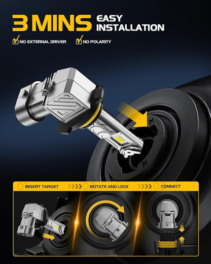 9005 LED Bulbs 6500K White 64000LM Easy Installation Within 3Min 1:1 Size To HB3 Bulbs, Plug N Play, 60000hour Long Lifespan, Pack of 2