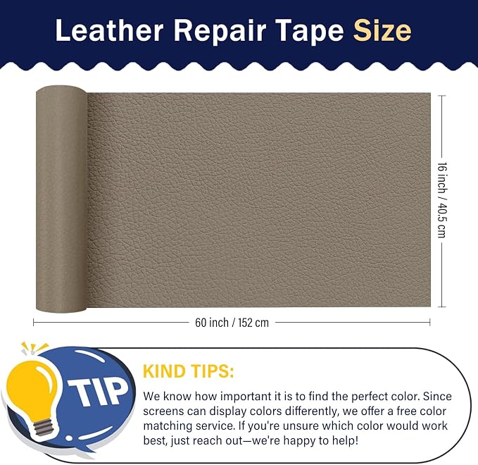 Zenyao Leather Repair Patch Tape - Self Adhesive Leather Repair Kit for Car Seat Furniture, Heavy Duty Vinyl Repair Patch for Couch Sofa, Waterproof for Rips Scratches Tears, 16x60 Inch Roll, Beige