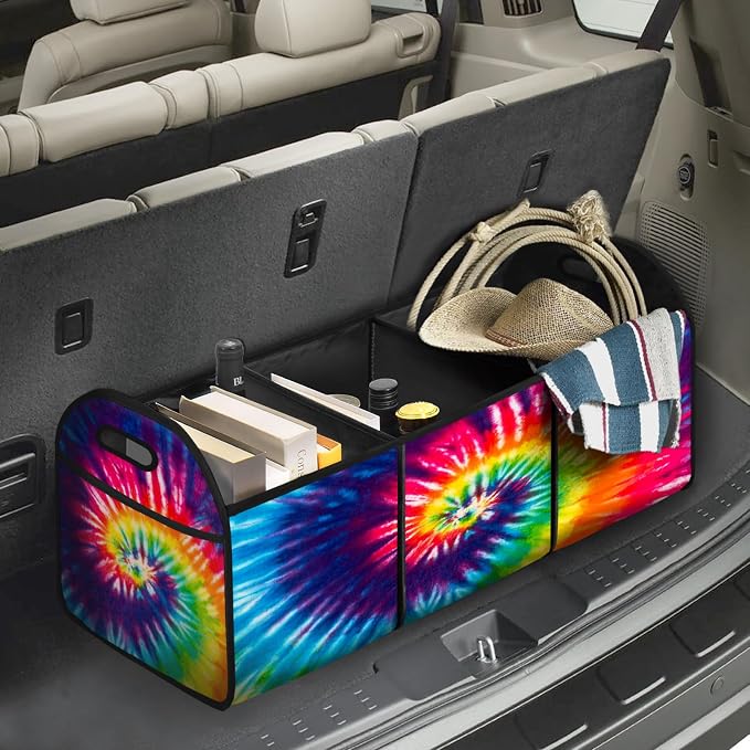 TieDye Car Trunk Organizer Storage Box Collapsible Non-Slip Automotive Organizer Vehicle Organization