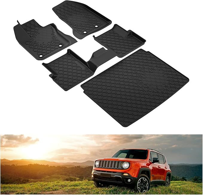 KIWI MASTER Floor Mats & Cargo Mat for 2015-2023 Jeep Renegade, OEM Replacement 82214194 82214195, All Weather Car Mats, Custom Fit TPE Floor Liners, Front & Rear & Tray Trunk Mat Set, Black