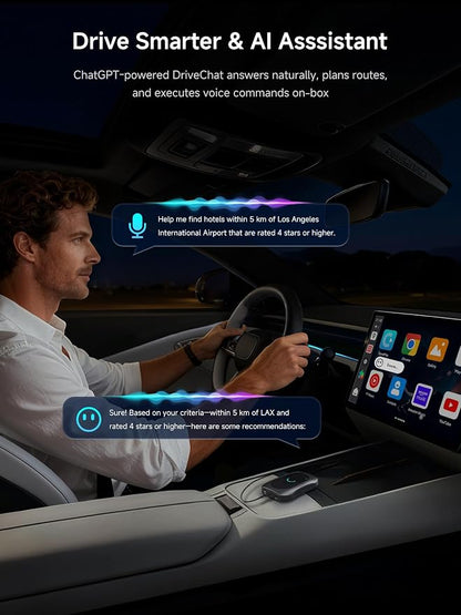 Wireless CarPlay & Android Auto Adapter, Supports for Netflix/YouTube, AI Box Carplay, Drivechat with AI Skills, Dual WiFi, Bluetooth, Fits for OEM Wired CarPlay Cars
