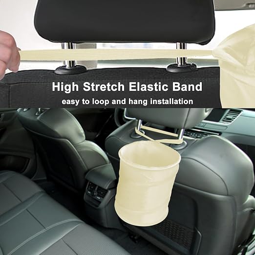 Car Trash Can, 2 Packs Mini Car Garbage Can, Collapsible Trash Bin | Pop-Up Trash Can for Car Front Back Seat, Portable Car Trash Bag Hanging for Vehicle SUV Rv Truck Accessories Interior, Beige