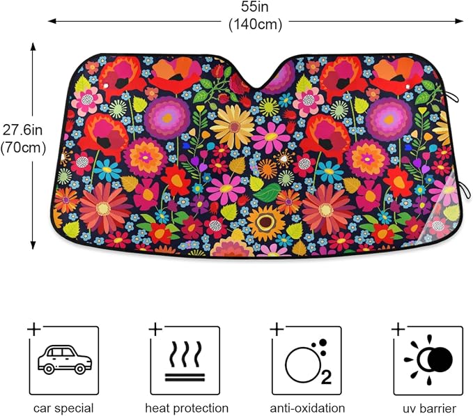 Sunflower Daisy Poppy Flower Floral Windshield Sun Shade,Foldable Car Sun Shade for Front Windshield Sunshades Protector Blocks UV Rays Sun Visor Protect and Cool Your Vehicle Interior