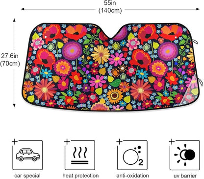Sunflower Daisy Poppy Flower Floral Windshield Sun Shade,Foldable Car Sun Shade for Front Windshield Sunshades Protector Blocks UV Rays Sun Visor Protect and Cool Your Vehicle Interior