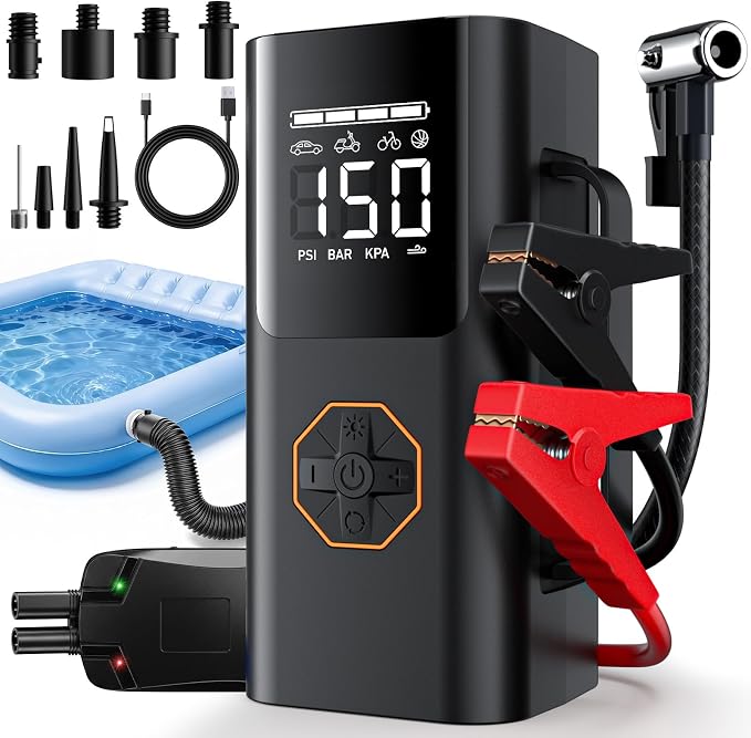Lehwey Portable Jump Starter with Air Compressor - 12V Car Battery Jumper Starter Box 5500A (All Gas/12L Diesel) 9-in-1 with Air Blower, 150PSI Tire Inflator, 3-Mode Emergency Flashlight, LCD Display