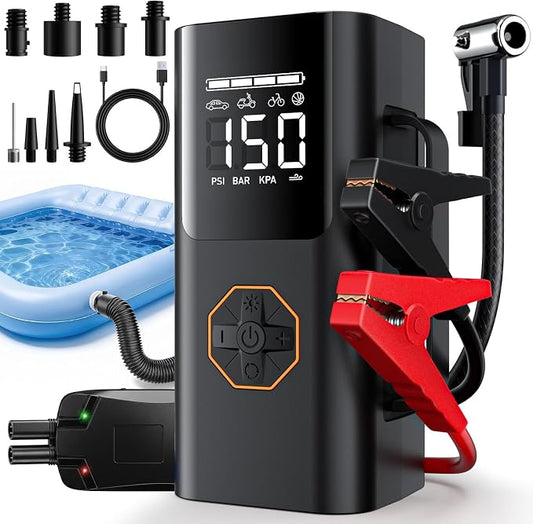 Lehwey Portable Jump Starter with Air Compressor - 12V Car Battery Jumper Starter Box 5500A (All Gas/12L Diesel) 9-in-1 with Air Blower, 150PSI Tire Inflator, 3-Mode Emergency Flashlight, LCD Display