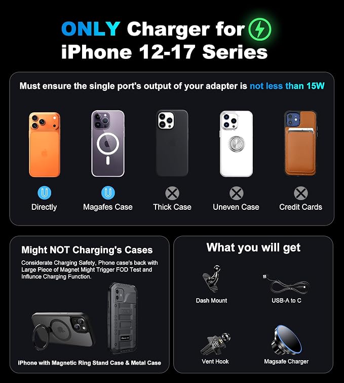 BHHB for iPhone 17 Magsafe Car Mount Charger, [2026 New] 15W 2in1 Magnetic Wireless Car Charger, fits for Magsafe Car Charger, Vent/Dashboard Phone Holder Mount for iPhone 17 16 15 14 13 12 Series