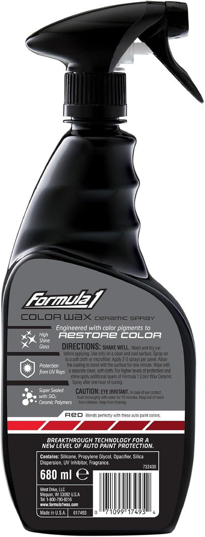 Formula 1 Color Wax Spray for Red Cars, Gives Ceramic Water Beading Protection and Ultimate Shiny Finish, Fills Minor Scratches with Color-Match Pigment, 23 oz