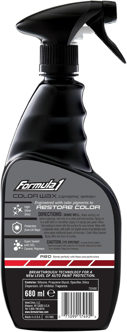 Formula 1 Color Wax Spray for Red Cars, Gives Ceramic Water Beading Protection and Ultimate Shiny Finish, Fills Minor Scratches with Color-Match Pigment, 23 oz
