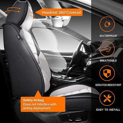 MINGBRON Car Seat Covers Full Set,Black White Car Seat Cover, Car Seat Protector Waterproof, Nappa Leather Car Seat Cushion, Fit for Most Cars