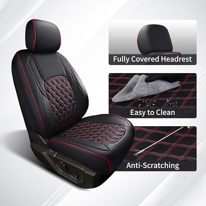 Huidasource Tacoma Seat Covers, Full Coverage Waterproof Truck Seat Cover Fit for Toyota Tacoma 2016-2023 Double & Crew Cab SR, SR5, Limited, TRD Pro, TRD Sport, TRD Off-Road (Front Pair/Black&Red)