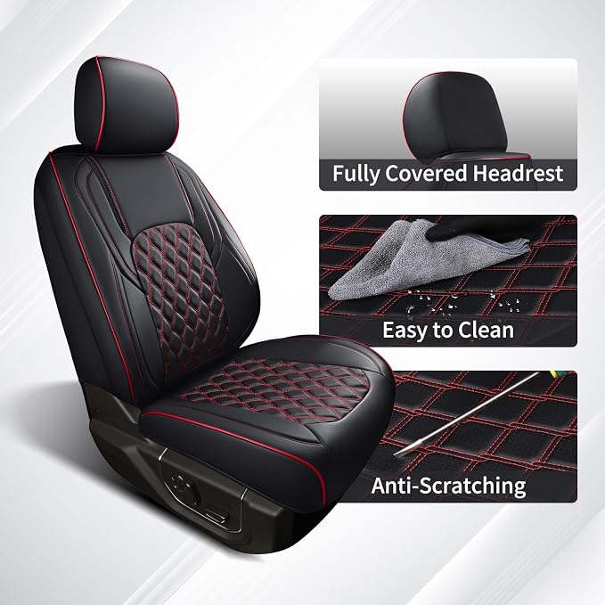 Huidasource Tacoma Seat Cover Front & Rear, Full Coverage Waterproof Leather Custom Cover Fit for 2016-2023 Double & Crew Cab Toyota Tacoma SR SR5 Limited TRD Sport/Pro/Off Road (Full Set/Black&Red)