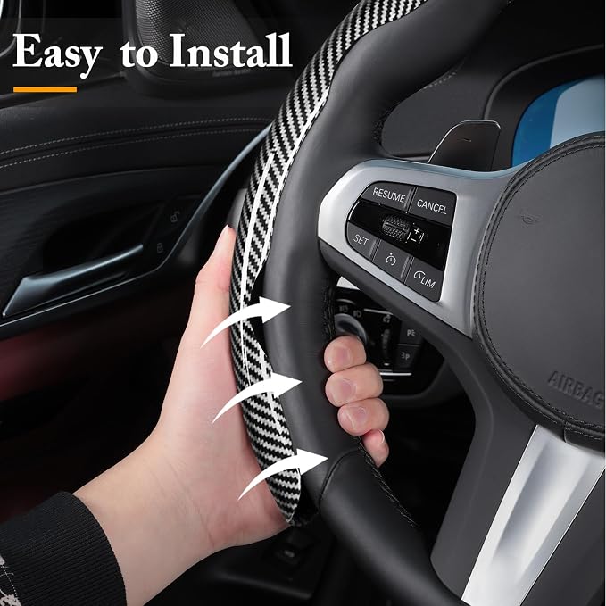 Carbon Fiber Steering Wheel Cover, Snap on Car Steering Wheel Cover Set Accessories 3pcs Wrap Grip Non Slip Protector Universal Glossy Silver