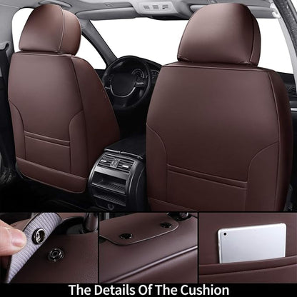Coverado Front and Back Seat Covers, Waterproof Nappa Leather Auto Seat Protectors Full Set with Head Pillow, 5 Pieces Universal Car Accessories Fit for Most Sedans SUV Pick-up Truck, Brown