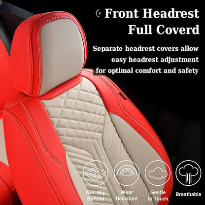 Coverado Leather Car Seat Covers Full Set, 5 Seats Seat Covers for Cars, Waterproof Car Seat Cushions, Front and Rear Seat Protectors Universal Fit Most Vehicles (Red&Beige)