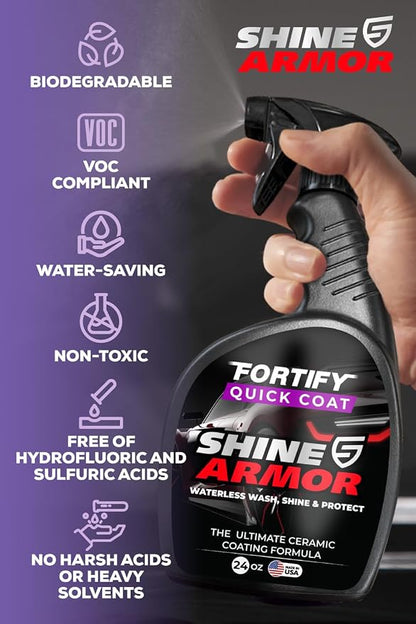 SHINE ARMOR Fortify Quick Coat - 24oz Ceramic Waterless Detailer Spray | 3-in-1 Wash, Wax & Nano-Ceramic Coating | Mirror Shine, Zero Streaks, No Dust Residue | 6-12 Month Protection | Made in USA