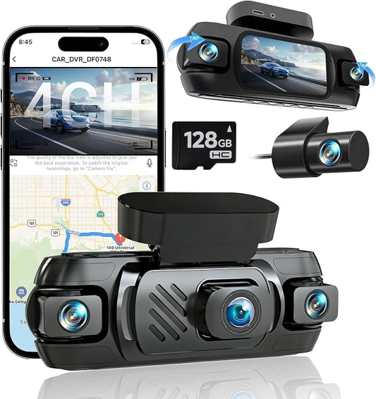 4K 4 Channel Dash Cam Front and Rear with Cabin, 4K+1080P+1080P Dash Camera for Cars, Free 128GB Card Included, Dash Cam with Night Vision, WiFi, GPS, APP Control, Parking Monitor, Loop Recording