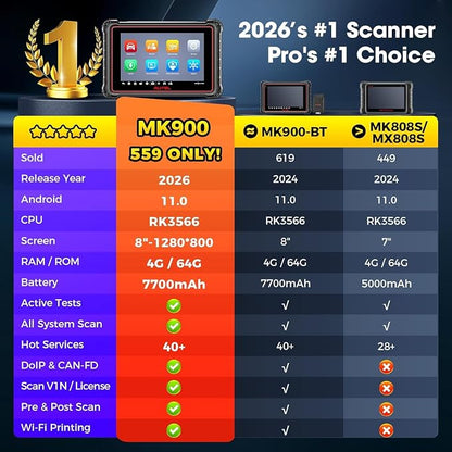 Autel MaxiCOM MK900 Bidirectional Scanner: 2026 Up of MaxiCheck MX808S MK808S, Work as MK900-BT MK900BT MX900 OBD2 Diagnostic Tool w/ 3000+ Active Test, 40+ Service, CAN-FD&DOIP, All System, FCA 11 OS
