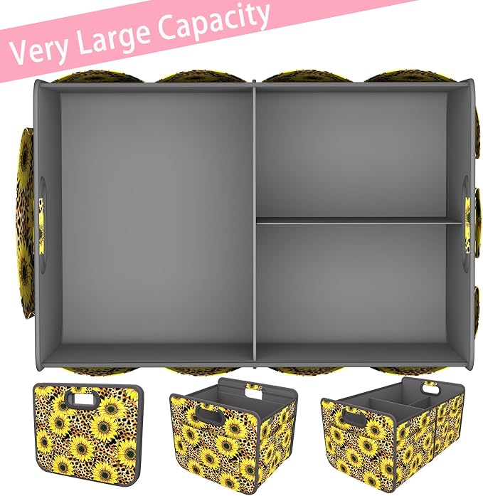 Homeve Car Trunk Organizer for SUV, 18.5Gal Large Capacity No-Sag Heavy Duty, Foldable Waterproof Anti-Slip Storage with 12 Pockets, Fit Sedan, Truck, Universal Car Accessories,Sunflower Leopard Print