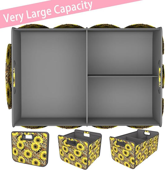 Homeve Car Trunk Organizer for SUV, 18.5Gal Large Capacity No-Sag Heavy Duty, Foldable Waterproof Anti-Slip Storage with 12 Pockets, Fit Sedan, Truck, Universal Car Accessories,Sunflower Leopard Print