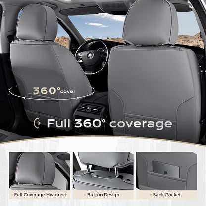 Coverado Car Seat Covers Full Set, Seat Covers for Cars, Car Seat Cover, Car Seat Protector, Leather Car Seat Cushion, Waterproof Car Seat Covers Front Seats and Back Fit for Most Cars(Gray&White)