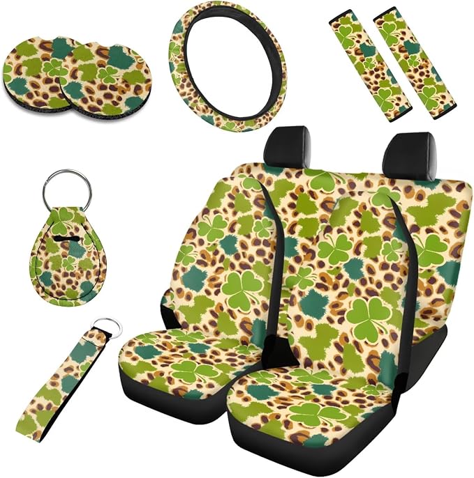 10 Pack St. Patrick's Clover Leopard Car Seat Covers, Irish Day Clovers Front Rear Seat Covers Steering Wheel Cover, African Jungle Cheetah Skin 2 Seat Belt Cover