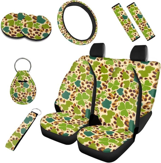 10 Pack St. Patrick's Clover Leopard Car Seat Covers, Irish Day Clovers Front Rear Seat Covers Steering Wheel Cover, African Jungle Cheetah Skin 2 Seat Belt Cover