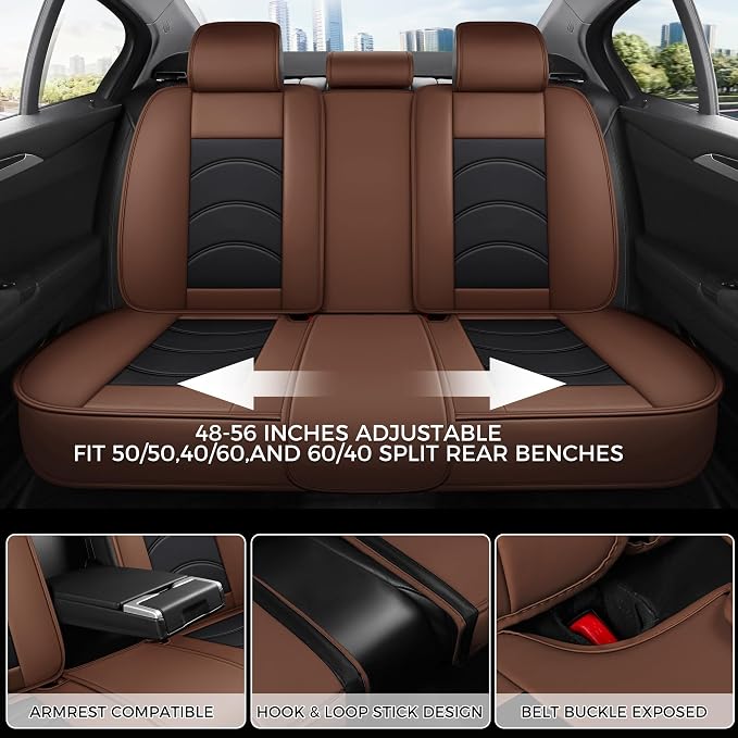 otoez Car Seat Covers Full Set, 5 Seats Waterproof Universal Leather Seat Cover for Cars, Front Rear Automotive Interior Protectors Full Coverage for Most Cars Sedens Trucks SUVs, Black+Brown