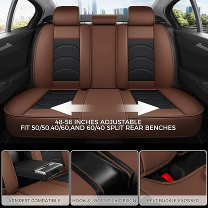 otoez Car Seat Covers Full Set, 5 Seats Waterproof Universal Leather Seat Cover for Cars, Front Rear Automotive Interior Protectors Full Coverage for Most Cars Sedens Trucks SUVs, Black+Brown