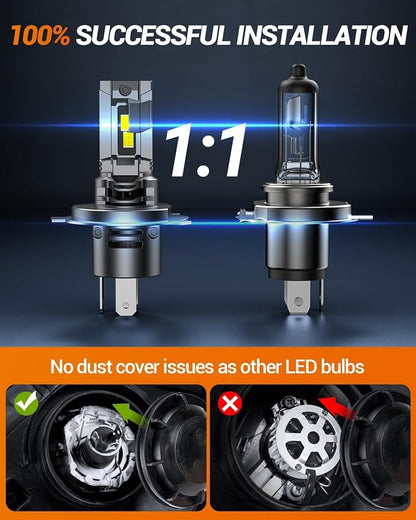 Sealight H4 Light Bulb 50,000LM 1500% Brighter, 6500K Cool White with 25000RPM Cooling Fan,65W High Power Error-Free, H4/9003 LED Fog Bulbs for Cars/Trucks/SUVs, 2 Pack