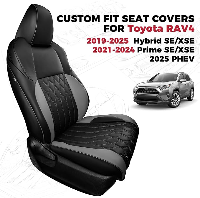 FREESOO Custom Seat Covers for Toyota RAV4 2019-2025 Hybrid SE/XSE 2021-2024 Prime SE/XSE 2025 PHEV, RAV4 Leather Car Seat Covers Interior, RAV 4 SUV Accessories Full Set, BlackGrey