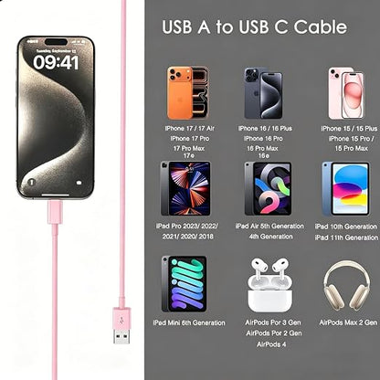 1.5FT Cute Pink iPhone 17/17E Car Carplay Cable for iPhone 17/16/15, 15/16/17 Pro Max 15 16 Plus Cord, Long USB A to USB C Cable for iPad 10th Gen iPad Pro, Air 5th 4th Mini 6th Replacement Cord