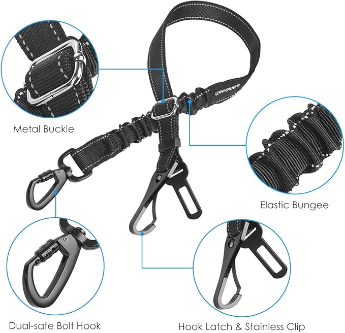 URPOWER 3-in-1 Dog Seat Belt for Car, 2 Pack Adjustable Bungee Dog Car Harness with Seatbelt Buckle & Latch Hook, Reflective & 360° Swivel Heavy Duty Pet Safety Belts for Dogs and Cats