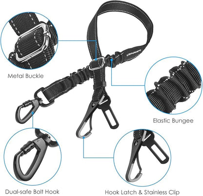URPOWER 3-in-1 Dog Seat Belt for Car, 2 Pack Adjustable Bungee Dog Car Harness with Seatbelt Buckle & Latch Hook, Reflective & 360° Swivel Heavy Duty Pet Safety Belts for Dogs and Cats