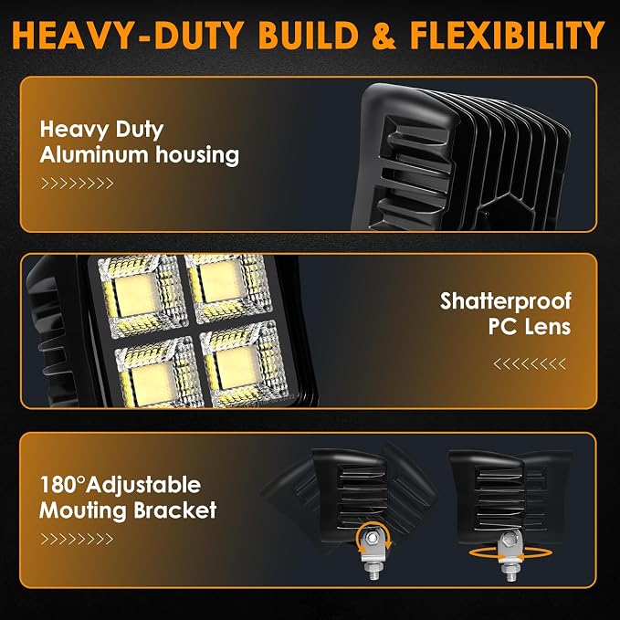 4Inch 200W 15000LM LED Tractor Lights, IP68 Waterproof Shockproof 12/24V LED Work Lights for Truck, 150° Flood Beam Off Road Light Bar for UTV ATV SXS and Heavy-Duty Equipment, 2PCS (4 INCH)