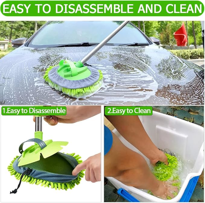 WillingHeart 47.5" Car Wash Brush Mop Cleaning Tool with Long Handle Kit for Washing Detailing Cars Truck, SUV, RV, Trailer, Boat 2 in 1 Chenille Microfiber Sponge Duster Not Hurt Paint Scratch Free