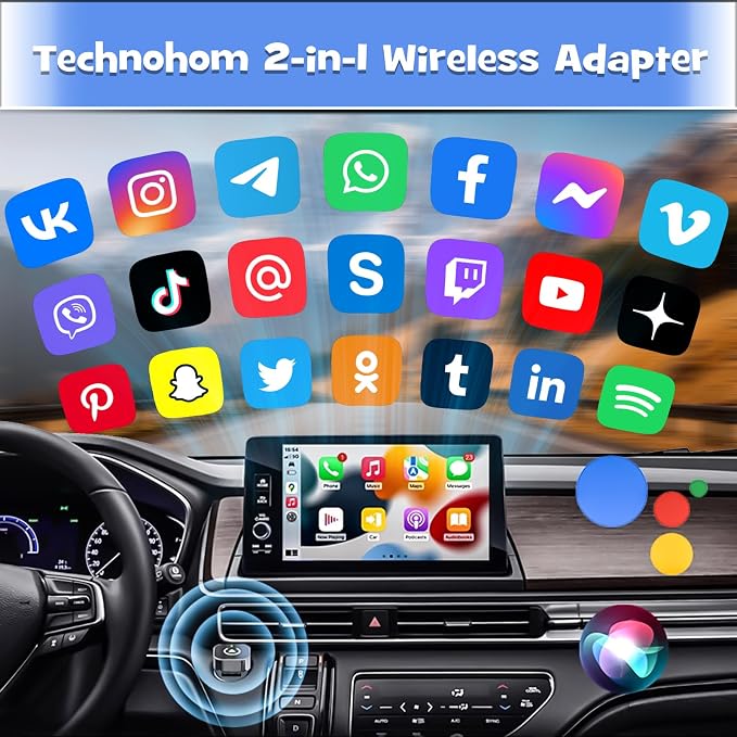 2-in-1 Wireless Auto Adapter Compatible with CarPlay & Android, Car Adapter with Plug & Play, Fast Stable Connection, Compact Design Compatible for iPhone & Android with USB/USB-C Dual Port(Black)