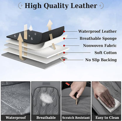 Coverado Car Seat Cover Full Set, Front and Back Seat Covers for Cars, 5 Seats Luxury Leather Seat Covers, Waterproof Car Seat Protectors, Gray Driver Seat Cushions Fit for Most Vehicles