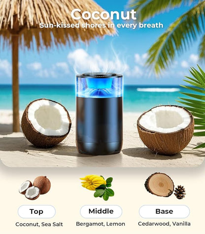 Hitolza Smart Car Air Fresheners, Ambient Light & Mist Fragrance, Auto On/Off Car Air Freshener Diffuser, Adjustable Intensity, Lasts 6 Months, Built-in Battery, Premium Scents Refill X2 - Coconut