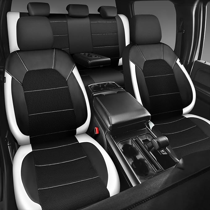 CAR PASS Universal Leather Car Seat Covers Full Set with Sporty Design, Breathable All Season Easy to Clean Anti-slip Wear-Resistant Automotive Seat Covers Fit for Most Cars, SUVs, Trucks, Black White