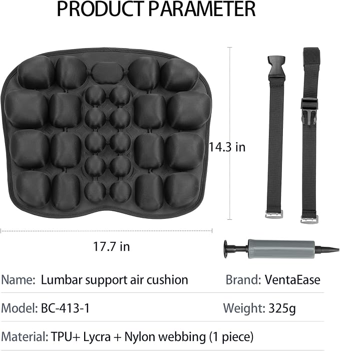 Inflatable Lumbar Support Pillow for Office Chair & Car - Tailbone Pain Relief Air Seat Cushion for Driver, Wheelchair, Airplane Seat, Travel - 17.7x14.3x2.0 Inches