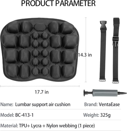 Inflatable Lumbar Support Pillow for Office Chair & Car - Tailbone Pain Relief Air Seat Cushion for Driver, Wheelchair, Airplane Seat, Travel - 17.7x14.3x2.0 Inches
