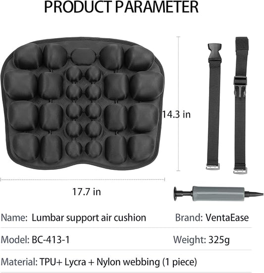 Inflatable Lumbar Support Pillow for Office Chair & Car - Tailbone Pain Relief Air Seat Cushion for Driver, Wheelchair, Airplane Seat, Travel - 17.7x14.3x2.0 Inches
