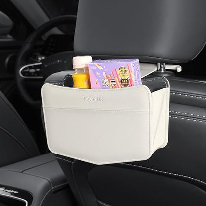 Car Trash Can Small Leather Vehicle Trash Bin Car Dustbin Garbage Organizer Holder with Trash Bag Foldable Mini Cars Storage Bag Container for Auto SUV Van Trucks (White,Hanging Hook)