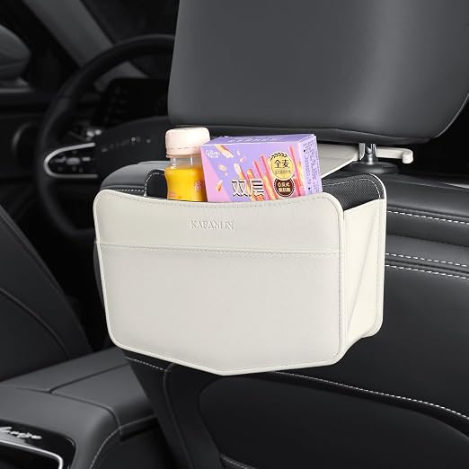 Car Trash Can Small Leather Vehicle Trash Bin Car Dustbin Garbage Organizer Holder with Trash Bag Foldable Mini Cars Storage Bag Container for Auto SUV Van Trucks (White,Hanging Hook)