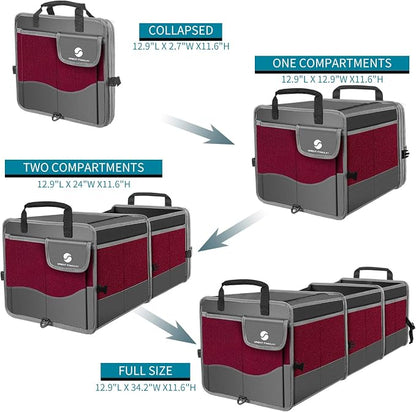 Trunk Organizer with Cooler, Collapsible Trunk Storage Container with Non Slip Bottom Strips, Large Multi-Compartment Waterproof Car Trunk Organizer Groceries for Vehicle Sedan, SUV, Van(Wine Red)