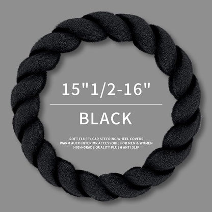 HighnessHwoo Luxury Fluffy Winter Car Steering Wheel Cover for Women Soft Warm Cute Auto Handle Cover for Jeep, Truck, Van, F150, Fuzzy, Anti Slip, Black, Large Size, 15.2-16in